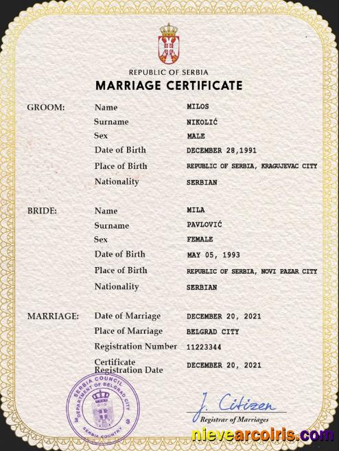 Serbia marriage certificate